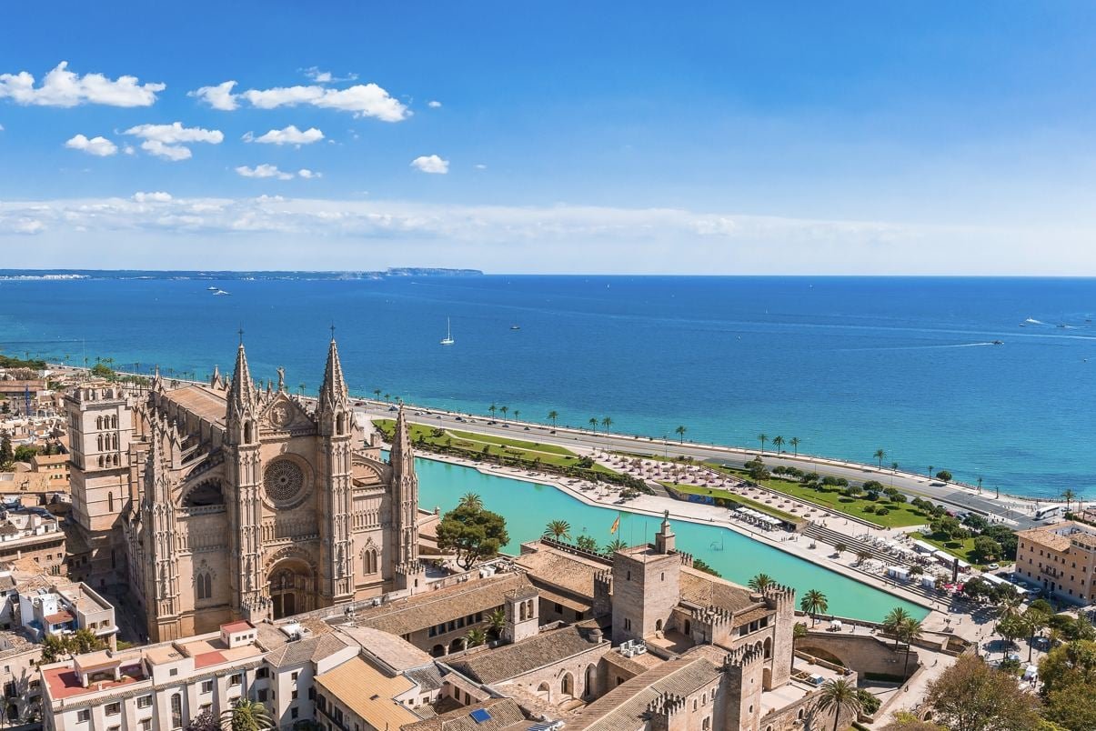 Aerial view of La Seu, the gothic medieval cathedral of Palma de Mallorca in Spain
