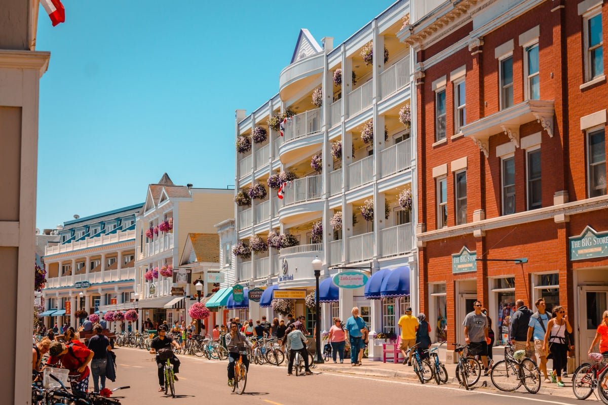Tourists walking down main strip of Mackinac Island