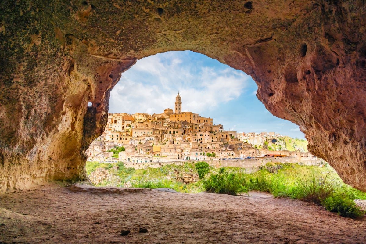 View of Matera, Italy through ancient cave