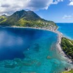 Scotts Head, Dominica, West Indies. On the left side is the Caribbean Sea, on right side - Atlantic Ocean.