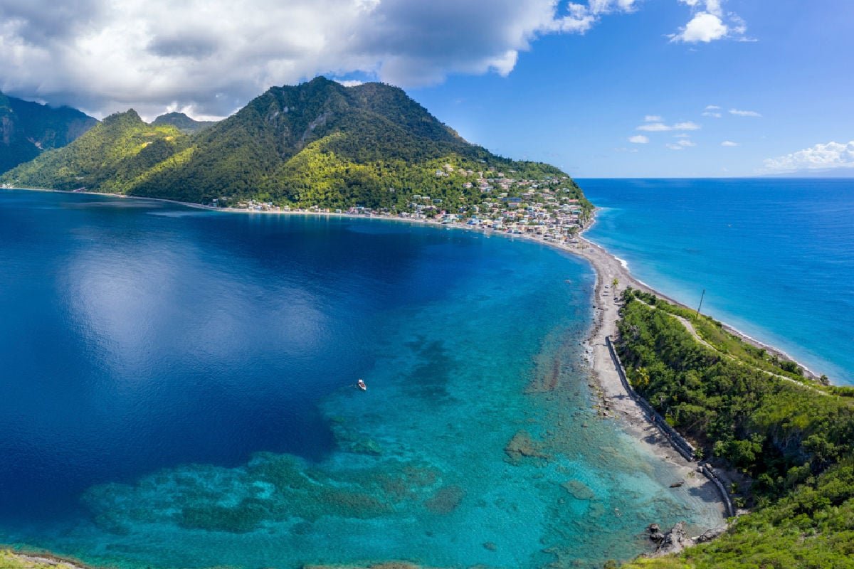 Scotts Head, Dominica, West Indies. On the left side is the Caribbean Sea, on right side - Atlantic Ocean.